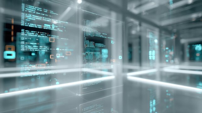 Holograms of programming symbols and AI icons float in a bright digital environment, surrounded by glowing lines of code and soft neon lights in a high-tech space.