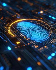 A digital illustration showcases an advanced artificial intelligence system scanning a human fingerprint.