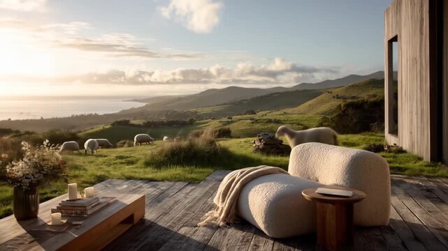 An outdoor lounge area with a cozy armchair overlooking rolling green hills, sheep, and ocean