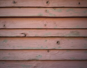 Obraz premium Weathered pink wood planks form a textured horizontal background with visible grain and knots. Some areas show wear and tear with greenish undertones peeking through.