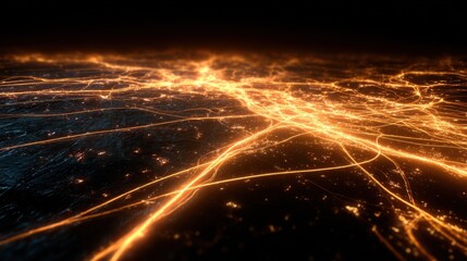 Glowing lines and wires intertwine against a dark background, creating an abstract representation of a power grid. The vibrant colors enhance the visual depth and design.