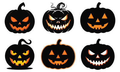 Spooky Jack-o'-Lantern Vector Set - Black Silhouette with Glowing Orange Faces