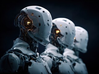 A group of clean and modern humanoid robots is displayed from the torso up on a dark background. Their intricate designs feature glowing elements that suggest advanced technology.