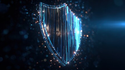 A highly detailed shield design features polished metal with glowing neon-blue circuitry lines. Soft particles float in dark space, creating an ultra-realistic, futuristic look.