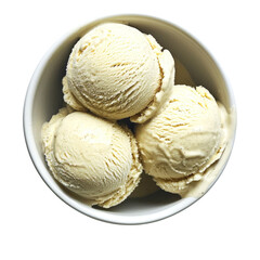 A tantalizing top-down view of creamy vanilla ice cream scoops in a bowl