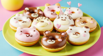 Adorable animal-shaped mini donuts with colorful icing on a bright plate. Sweet dessert treats for kids.
