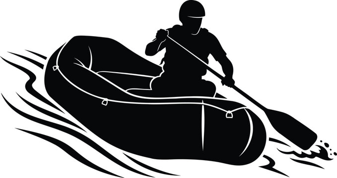 Whitewater rafting adventurer paddling an inflatable boat on rapids, vector silhouette