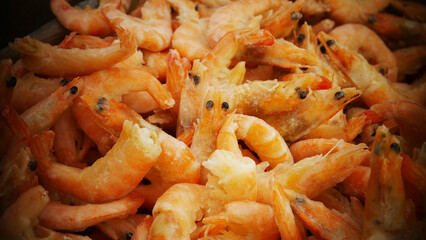 Close-up of many frozen shrimp