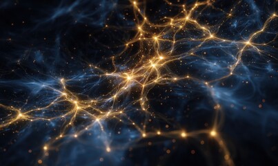 Witness a powerful depiction of high-voltage neural fields featuring seven glowing nodes. Energy currents flow through a deep blue and gold cosmos against a dark background.