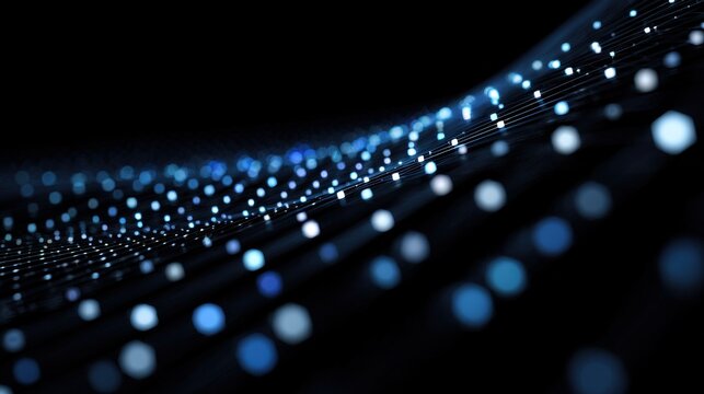 Small square data packages with a blue glow flow smoothly in one direction, creating an enchanting visual effect against a pure black background. - Powered by Adobe