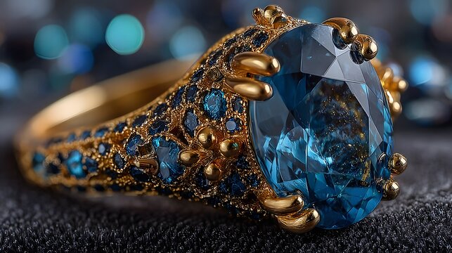 The stunning gold features a large oval blue gemstone surrounded by smaller blue stones and gold detailing resting on a soft gray cloth backdrop making it elegant.