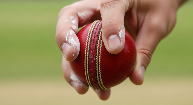 Closeup of cricket bowler's hand gripping the seam of a red ball.