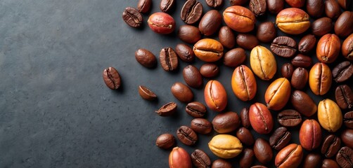 Pile of raw and roasted coffee beans. Diverse coffee seed types scatter on dark textured surface. Macro detail shows rich brown and red coffee nut varieties.