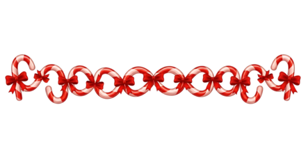 Candy cane border with red bows festive decoration isolated on a transparent background Christmas