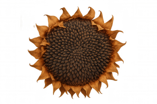 Dry sunflower head with mature seeds showing autumn harvest and decay on transparent background