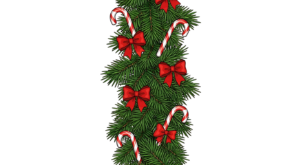 Christmas tree garland with red bows and candy canes isolated on a transparent background pine