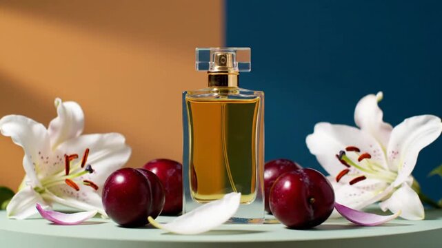 Golden Perfume Bottle with Plum and White Lily Arrangement on Light Green Table Against Blue and Tan Background in Still Life Photography with Soft Lighting