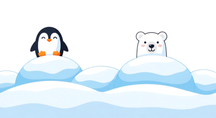 Cute cartoon penguin and polar bear on snow mounds isolated on a transparent background winter