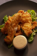Fried chicken strips served atop a bed of fresh greens, accompanied by a flavorful dipping sauce in a bowl