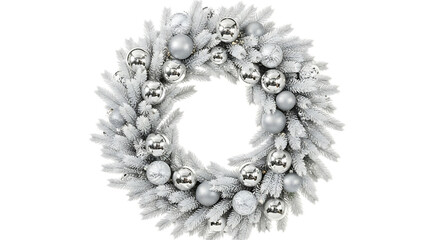 Flocked white Christmas wreath with silver baubles isolated on a transparent background image