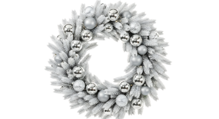 Flocked white Christmas wreath with silver baubles isolated on a transparent background image