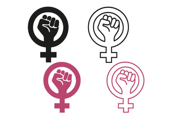 Feminism symbol with raised fist vector icon set. Female gender sign for women's rights protest and girl power. Equality, empowerment, and feminist movement graphic element.