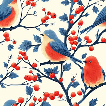 Seamless red robin pattern with berries and branches, elegant winter bird design.