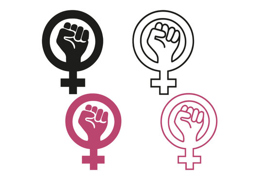 Feminism symbol with raised fist vector icon set. Female gender sign for women's rights protest and girl power. Equality, empowerment, and feminist movement graphic element.