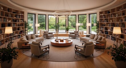 Elegant circular library lounge with nature views and inviting seating arrangement showing comfort