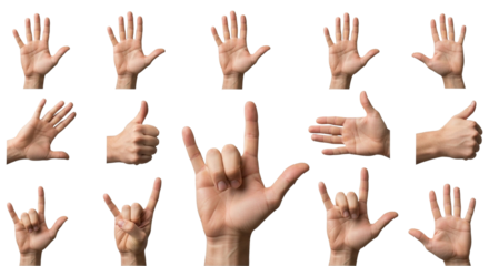 Diverse hands express positive gestures like thumbs up and rock on, conveying excitement and success