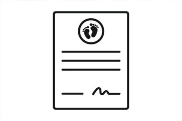 Birth certificate vector icon with baby footprint seal. Official document for newborn registration. Legal birth record concept for identity, family, new life, and parenthood.