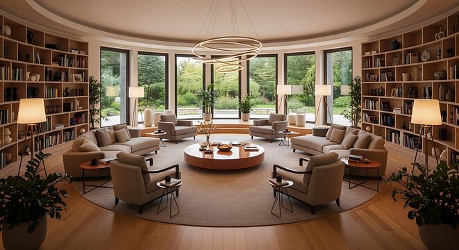 Elegant circular library lounge with nature views and inviting seating arrangement showing comfort