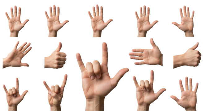 Diverse hands express positive gestures like thumbs up and rock on, conveying excitement and success