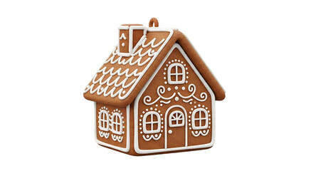 Gingerbread house with white icing decoration and chimney isolated on a transparent background cookie