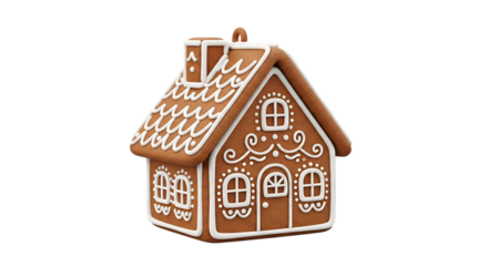 Gingerbread house with white icing decoration and chimney isolated on a transparent background cookie