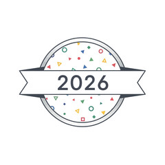 Geometric 2026 Badge with Colorful Shapes and Ribbon Banner.