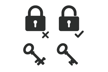 Right and wrong key for padlock icon set. Vector concept of access granted and denied. Security, safety, privacy. Correct versus incorrect choice. Unlocking problem solution.