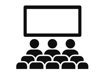 Cinema hall icon with audience watching movie on big screen. People in theater, conference, or presentation. Spectators looking at blank display. Vector for film industry.