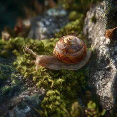 Crawling snail leaving a trail across moss
