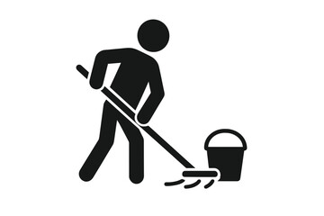 Janitor icon cleaning floor. Sweeper with mop and bucket. Cleaning service and maintenance symbol. Person working pictogram. Cleaner man silhouette for wet floor sign vector.