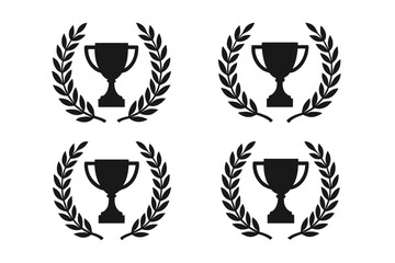 Obraz premium Trophy cup in a laurel wreath icon set. Award, victory, and champion symbol. Black silhouette for success and achievement. Best quality first place competition vector emblem.