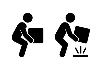 Ergonomic lifting technique and dropping hazard icon. Man lifting heavy box with correct posture. Manual handling safety pictogram. Workplace injury prevention vector symbol set.
