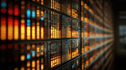 Bright and colorful data visualizations fill the wall of a modern database environment. Each section showcases various data patterns and structures.