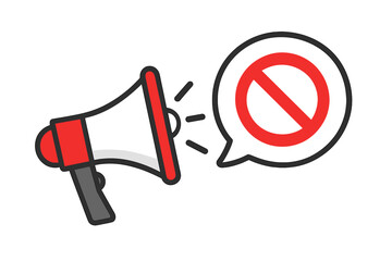 Megaphone with red stop symbol in speech bubble. No protest, restriction, censorship icon. Cancel culture or demonstration ban concept. Freedom of speech denied. Vector.