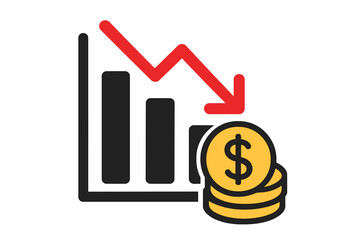 Money loss vector icon. Financial crisis concept with decline chart, red down arrow, dollar coins. Economic recession, market crash, investment risk, budget fail symbol.