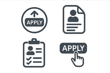 Apply for job icon set. Recruitment and hiring concept. Vector illustration includes resume, CV submission, vacancy, and apply now button for online job searching and careers.