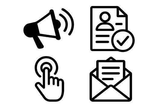 Business icon set for job searching and recruitment. Vector icons for hiring, marketing, and communication. Megaphone, resume, click action, and email message symbols.
