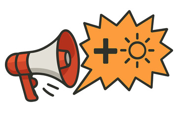 Megaphone announcement with positive message. Good news and optimism concept. Speaker with speech bubble, plus and sun icon for happiness, success and good vibes vector.