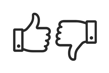 Thumb up and thumb down line icon set. Like and dislike symbols. Social media feedback. Vector for approve, disapprove, good, bad, yes, no, vote, choice and rating concepts.