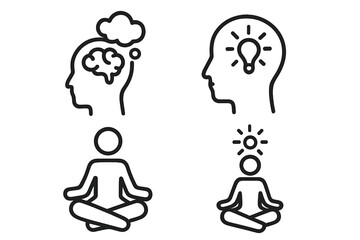 Thinking, idea and meditation icon set. Head with brain, lightbulb. Person in yoga lotus pose. Mindfulness, mental health, psychology, creativity, innovation, solution vector.